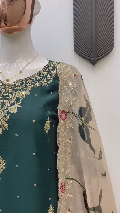 HEAVY CHINON WITH SEQUANCE EMBROIDERY WORK SUIT WITH FULL FLAIR WORK SHARARA AND DUPATTA