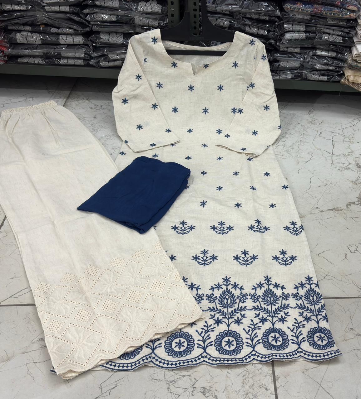 Elegant Cotton Flex Kurta–Plazzo Set with Dupatta 💙✨