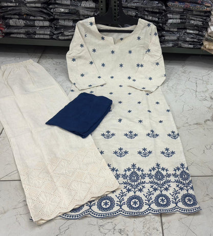 Elegant Cotton Flex Kurta–Plazzo Set with Dupatta 💙✨