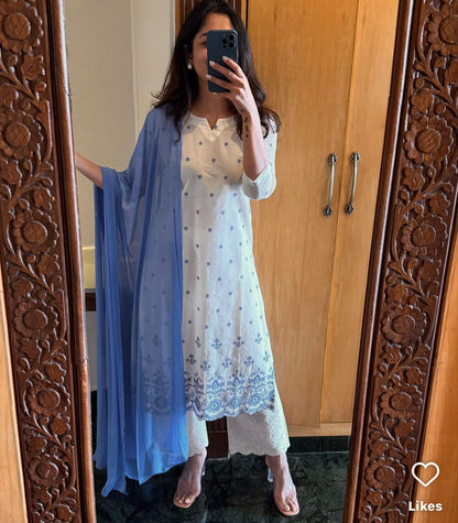 Elegant Cotton Flex Kurta–Plazzo Set with Dupatta 💙✨