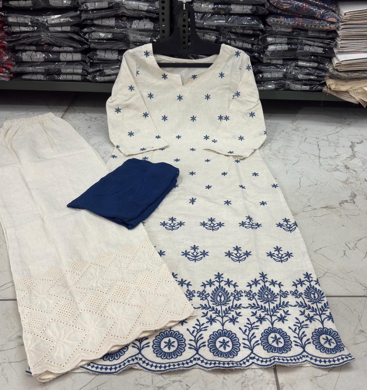 Elegant Cotton Flex Kurta–Plazzo Set with Dupatta 💙✨